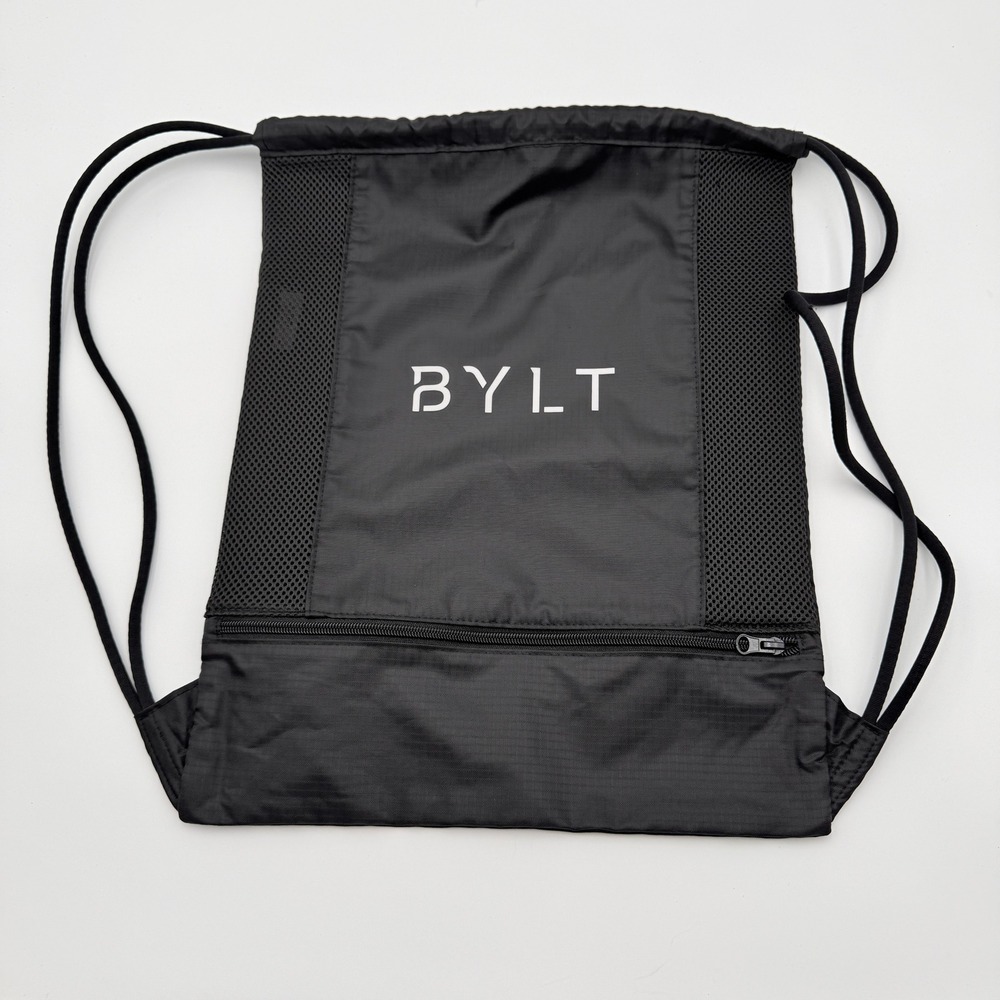 BYLT Drawstring Backpack Unisex M Black Front Zip Mesh Ripstop Gym Bag Sporty